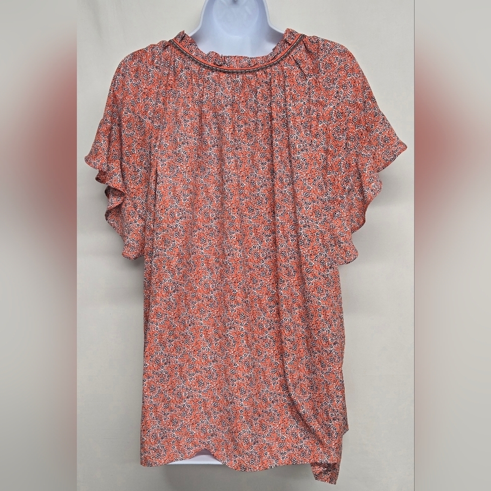 Max Studio 2X Top Lightweight V Neck Ruffled Trim & Sleeve Orange Floral Flowy - Picture 5 of 7